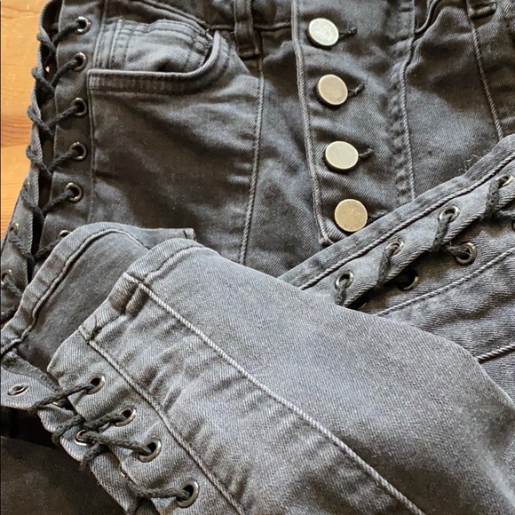 asymmetrical black button fly cropped lace up jeans - Picture 16 of 16